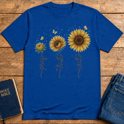 Pray Trust Wait Sunflower T-Shirt - Royal