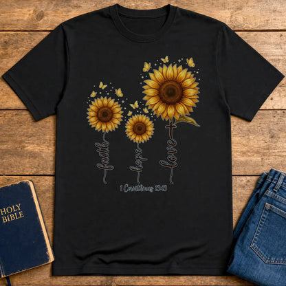Faith Hope Love Sunflower T-Shirt - Black