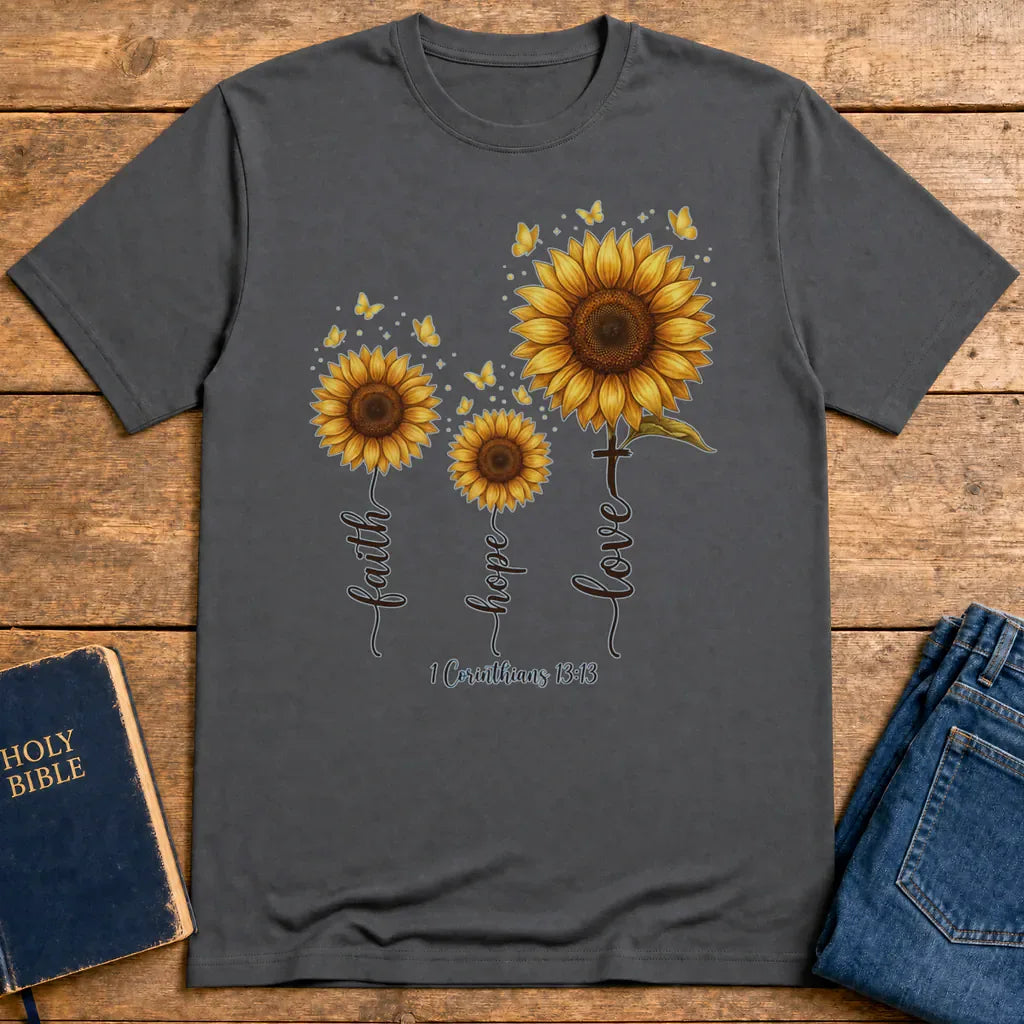 Faith Hope Love Sunflower T-Shirt - Charcoal