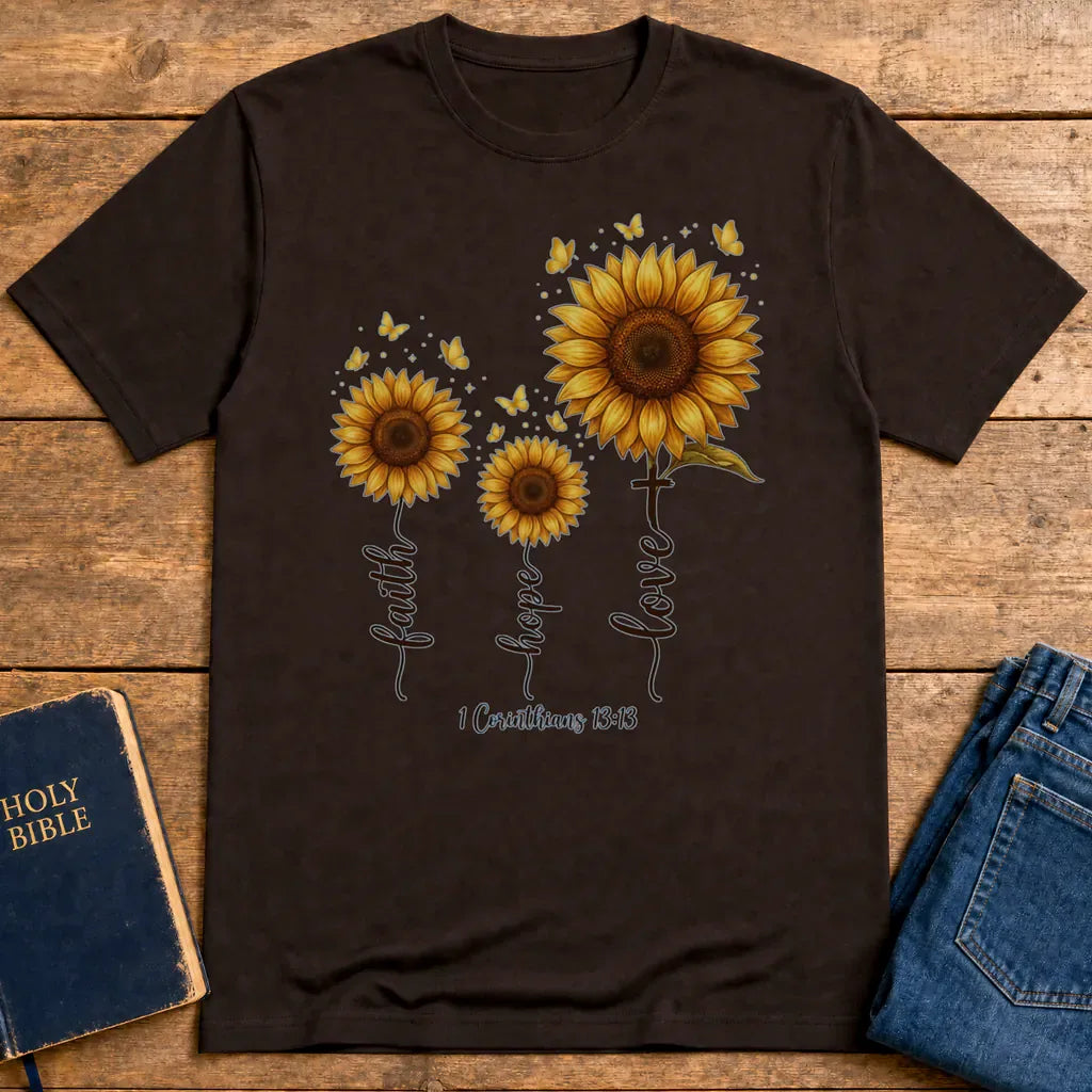 Faith Hope Love Sunflower T-Shirt - Dark Chocolate