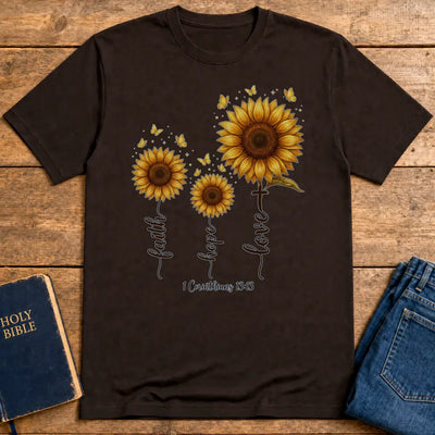 Faith Hope Love Sunflower T-Shirt - Dark Chocolate