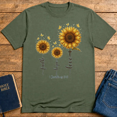 Faith Hope Love Sunflower T-Shirt - Military Green