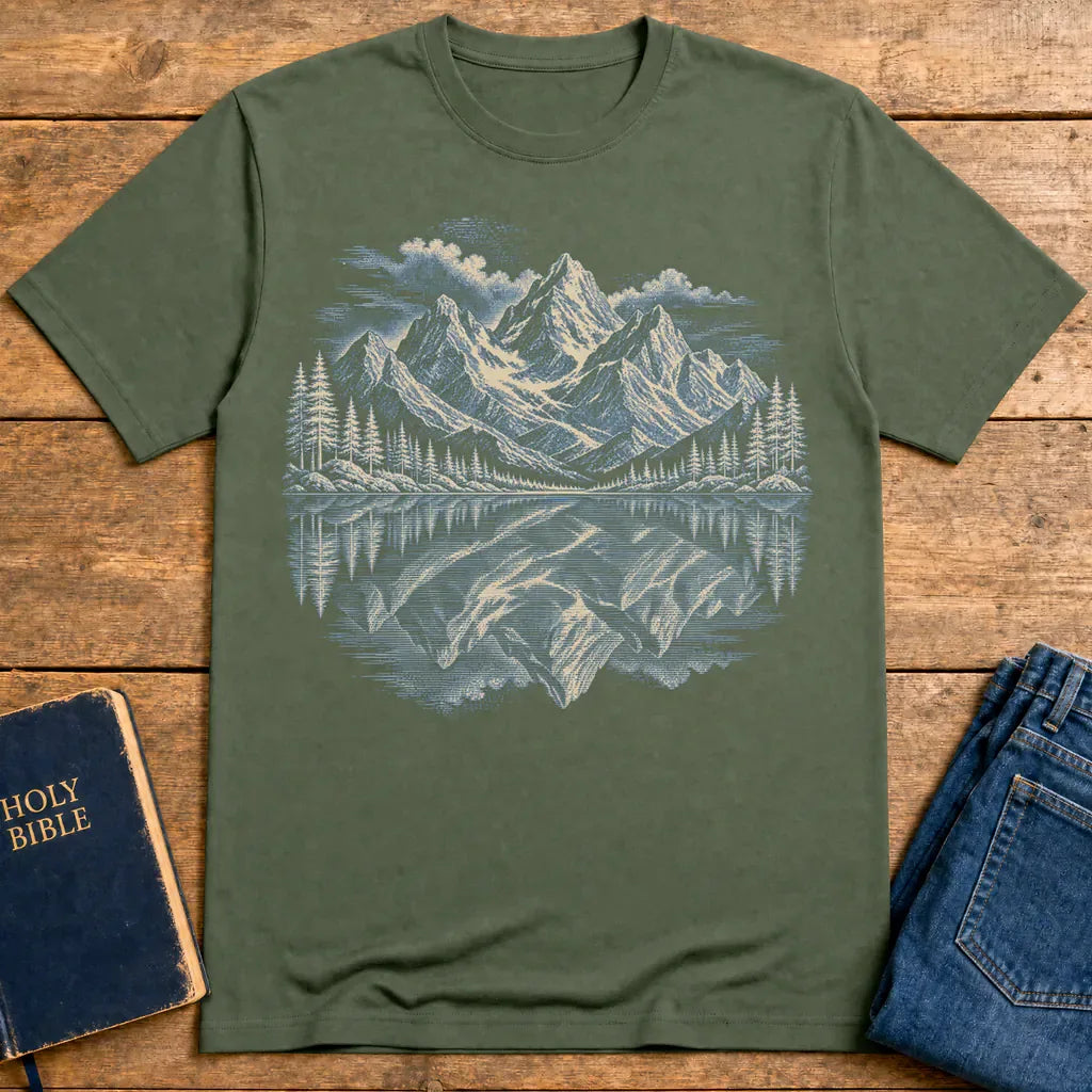 Praying Peaks Reflection T-Shirt - Military Green