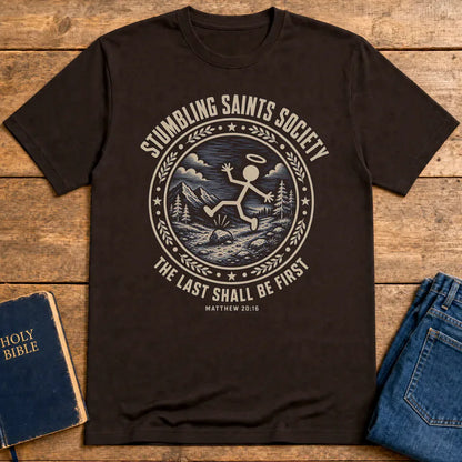Stumbling Saints Society T-Shirt - Dark Chocolate