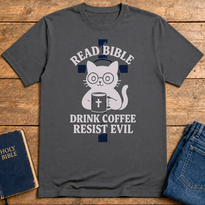 Read Bible Resist Evil Cat T-Shirt - Charcoal