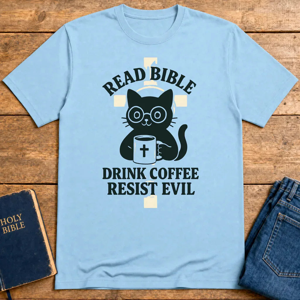 Read Bible Resist Evil Cat T-Shirt - Light Blue