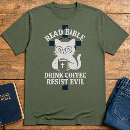 Read Bible Resist Evil Cat T-Shirt - Military Green