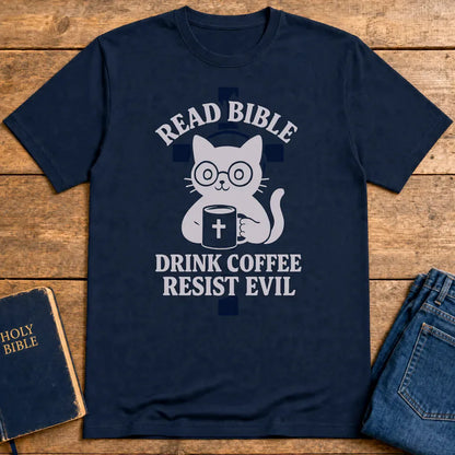Read Bible Resist Evil Cat T-Shirt - Navy