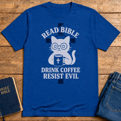 Read Bible Resist Evil Cat T-Shirt - Royal