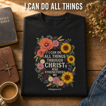 Strength in Christ Floral Wreath T-Shirt_folded_flatlay