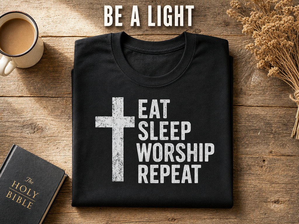 Eat Sleep Worship Repeat T-Shirt_folded_flatlay