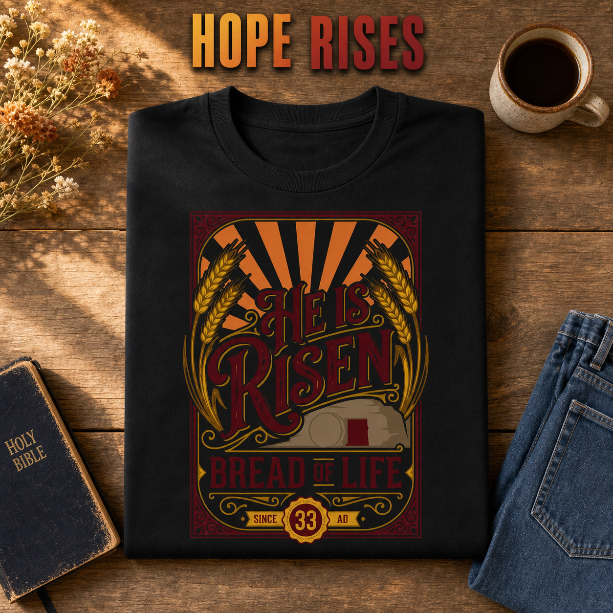 He Is Risen Bread of Life T-Shirt_folded_flatlay