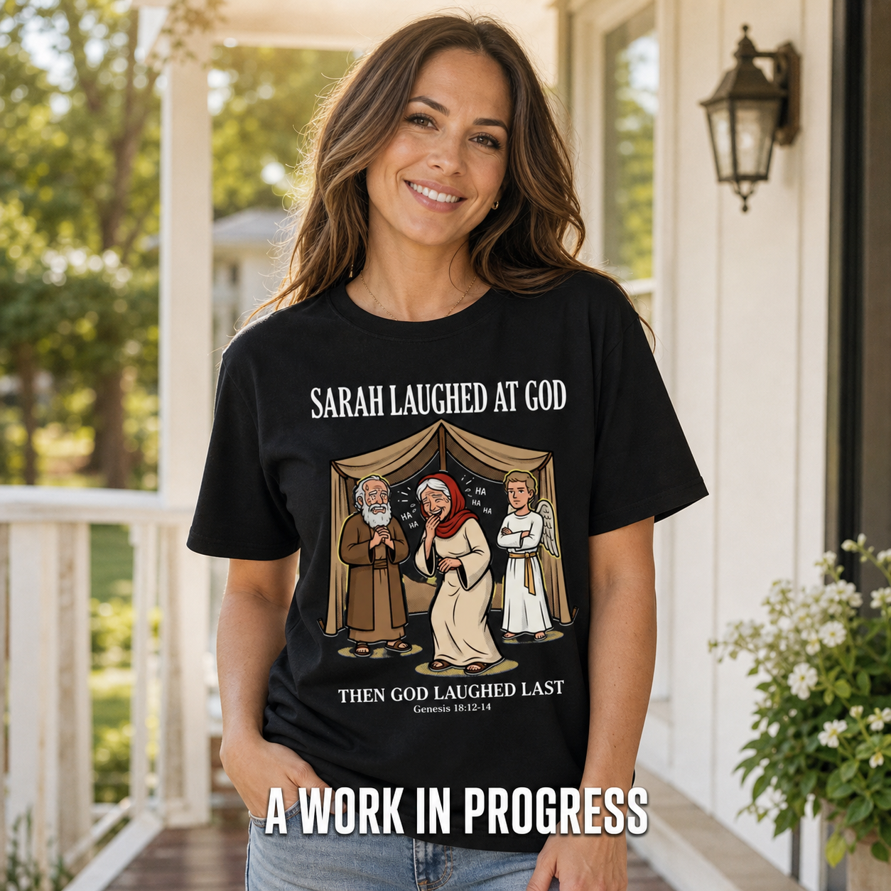 Sarah Laughed at God T-Shirt_active_outdoor