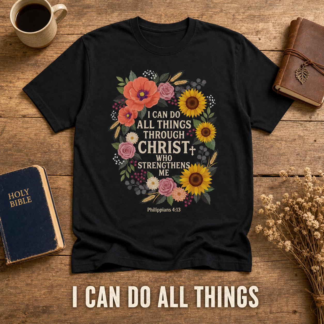 Strength in Christ Floral Wreath T-Shirt_style_flat