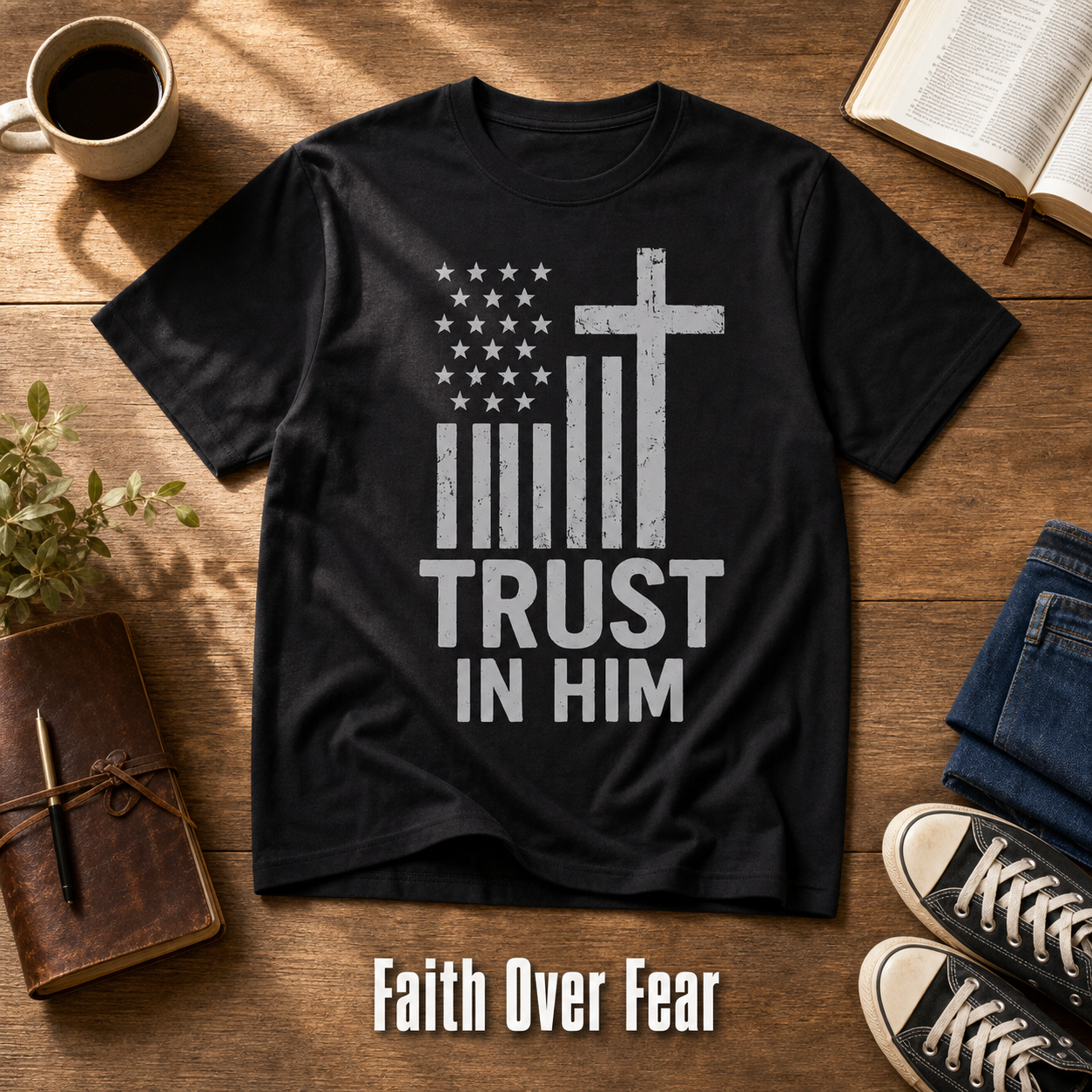 Trust In Him Cross Flag T-Shirt_style_flat