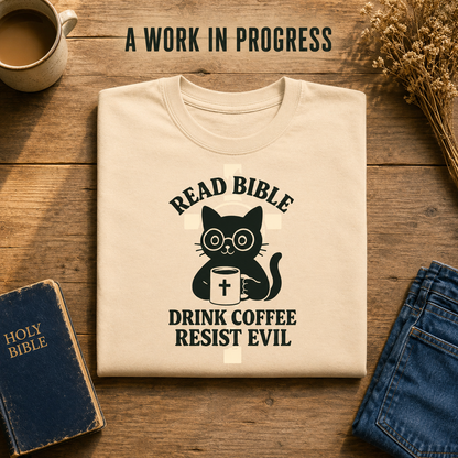 Read Bible Resist Evil Cat T-Shirt_folded_flatlay