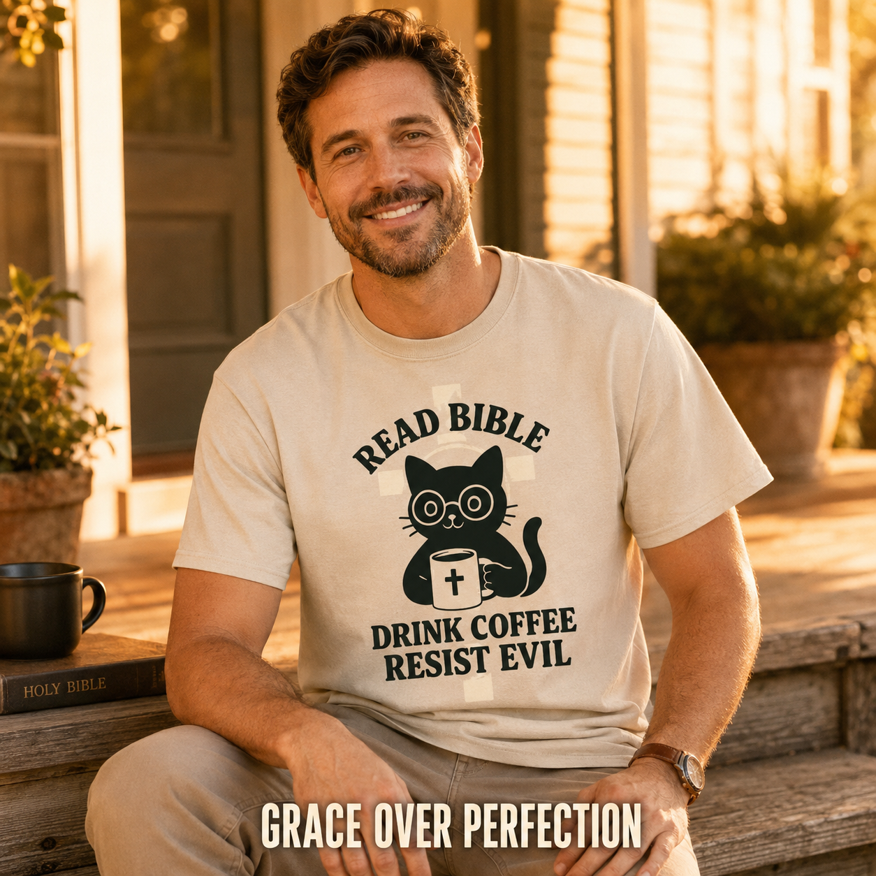 Read Bible Resist Evil Cat T-Shirt_ls_golden