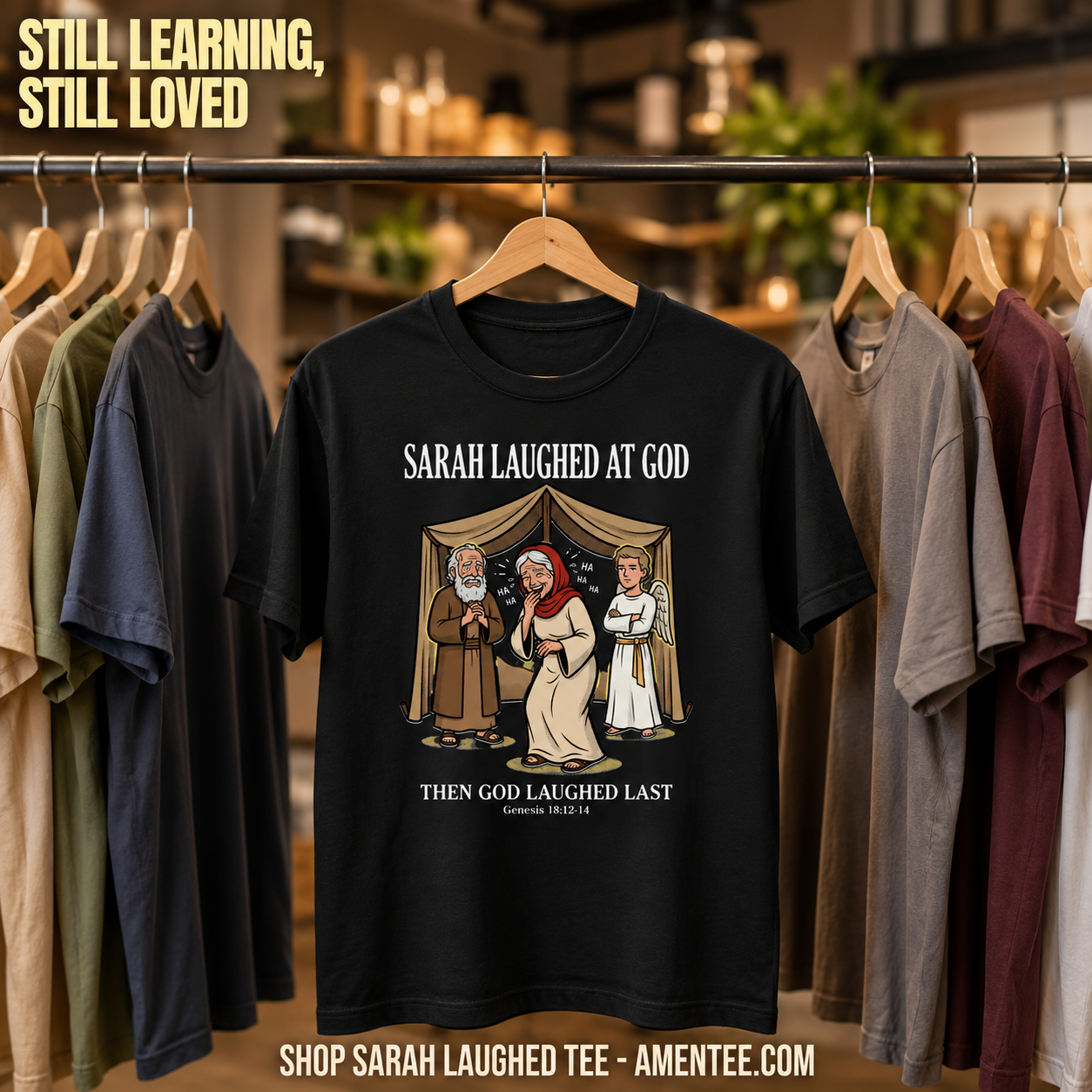 Sarah Laughed at God T-Shirt_boutique_rack