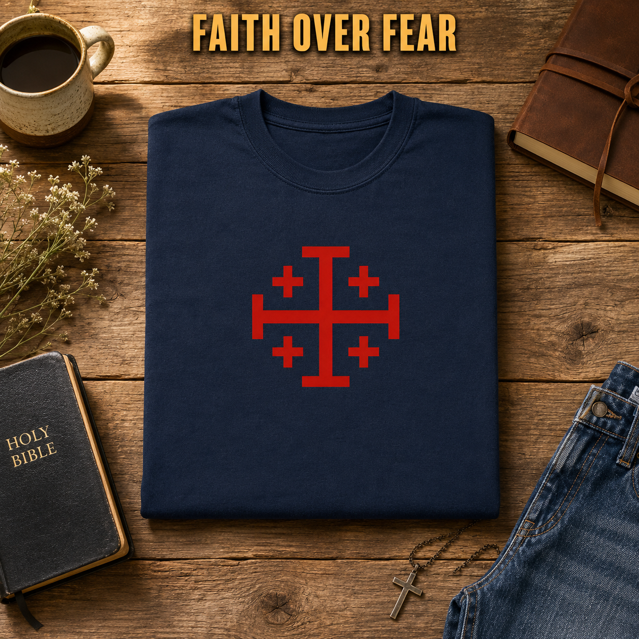 Bold Jerusalem Cross T-Shirt_folded_flatlay