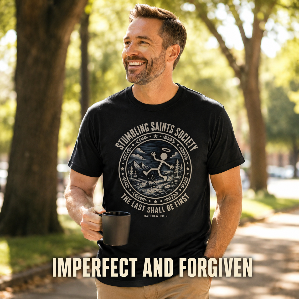 Stumbling Saints Society T-Shirt_active_outdoor