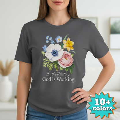 God is Working Floral T-Shirt_badge