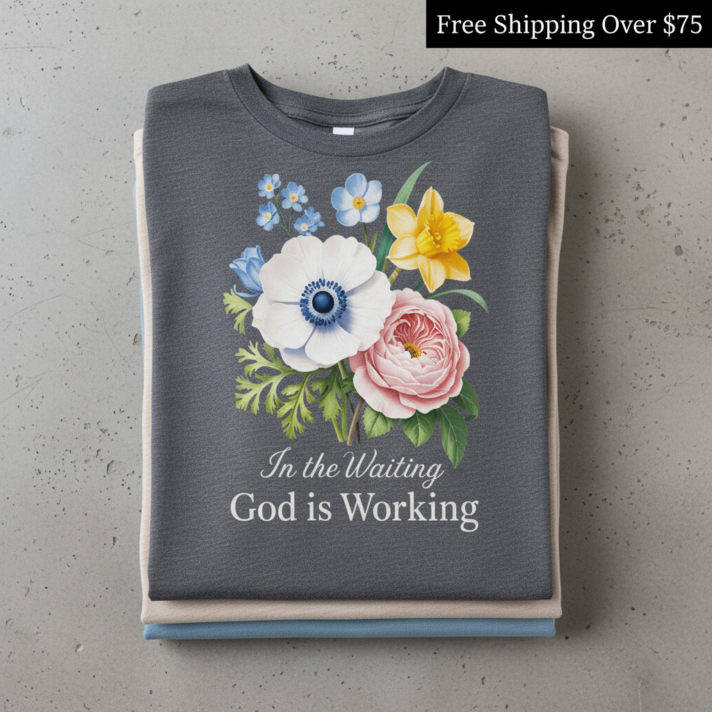 God is Working Floral T-Shirt_stacked_flatlay