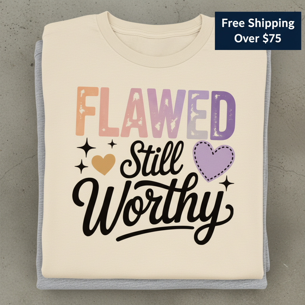 Flawed Still Worthy T-Shirt_stacked_flatlay