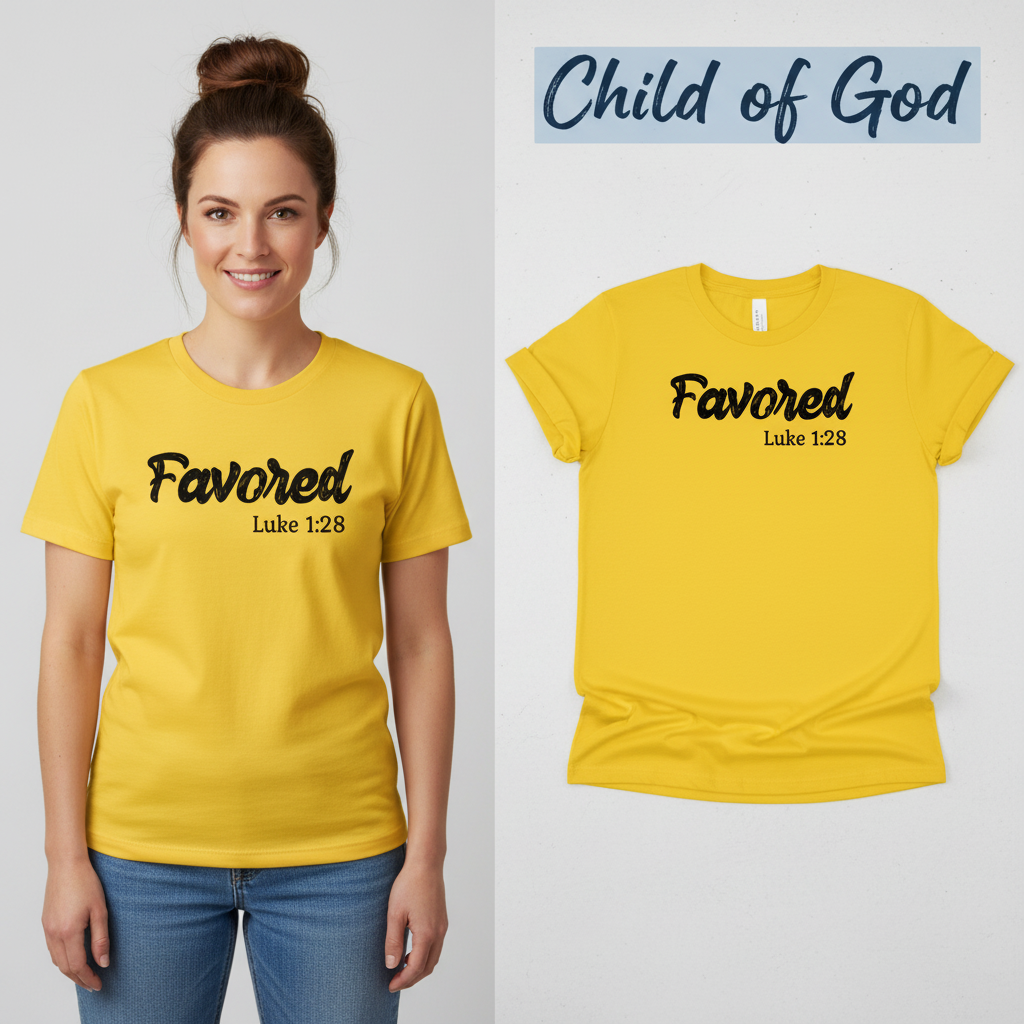 Favored Luke 1:28 T-Shirt_model_flat