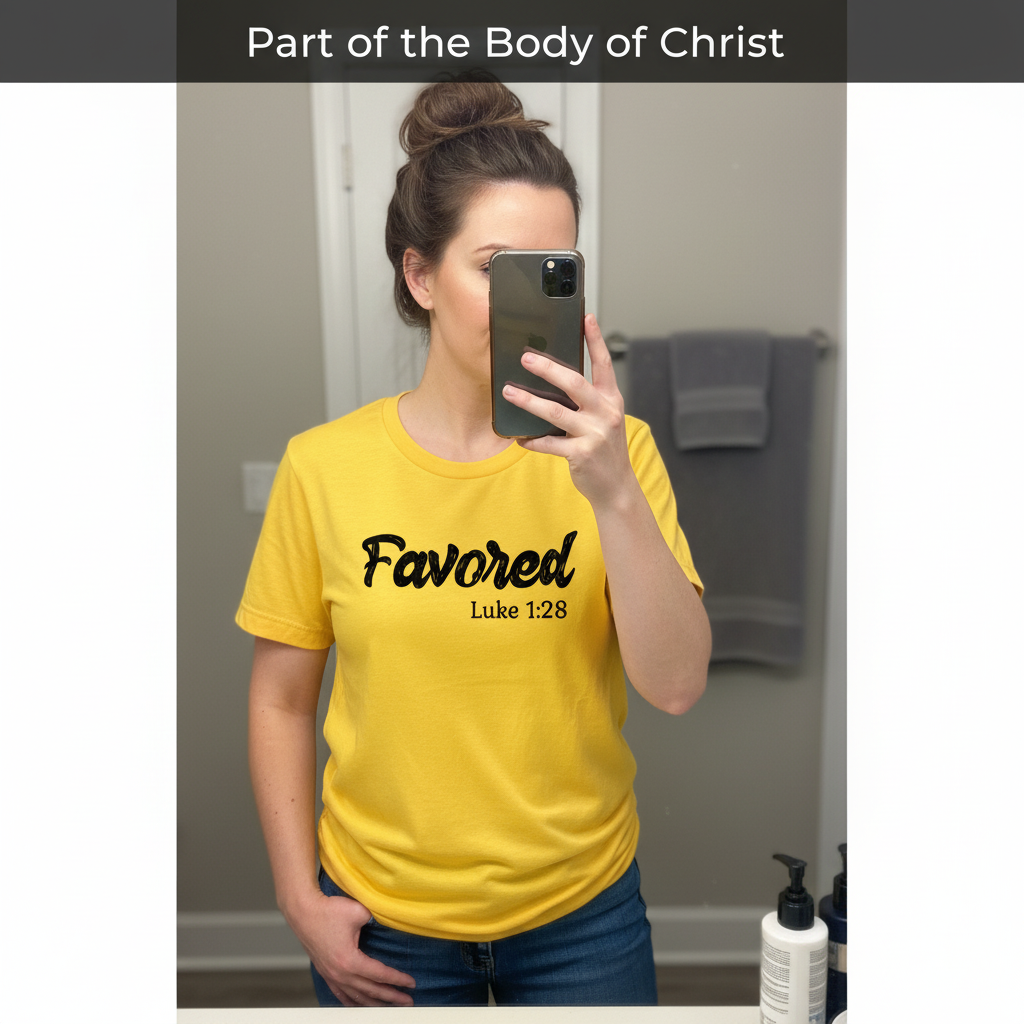 Favored Luke 1:28 T-Shirt_mirror_selfie