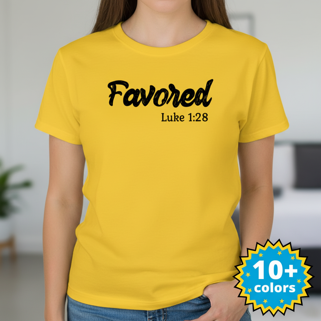 Favored Luke 1:28 T-Shirt_badge