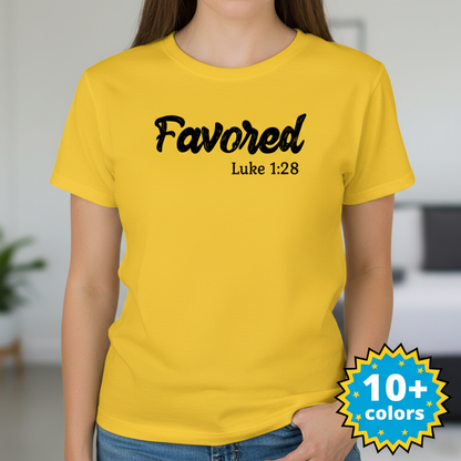 Favored Luke 1:28 T-Shirt_badge