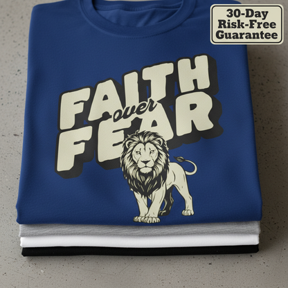 Faith Over Fear Lion T-Shirt_stacked_flatlay