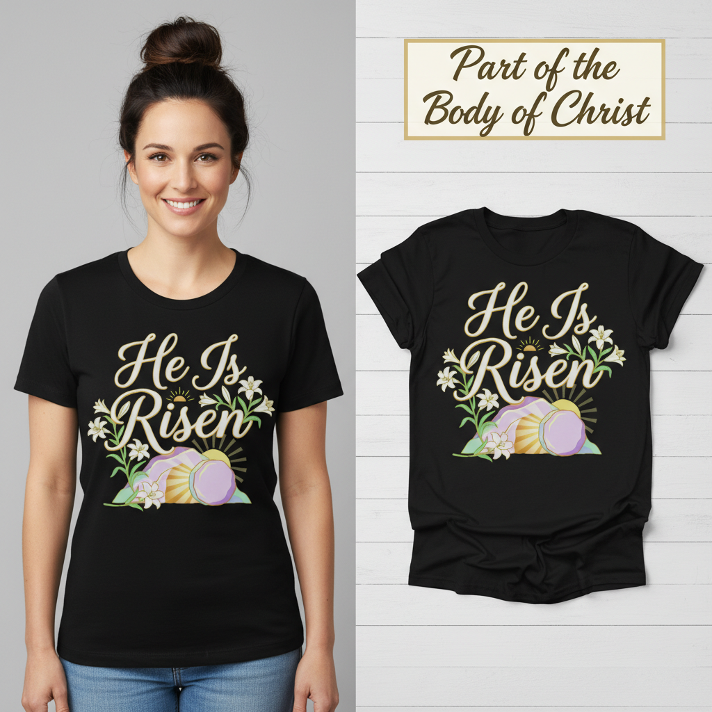 He Is Risen T-Shirt_model_flat