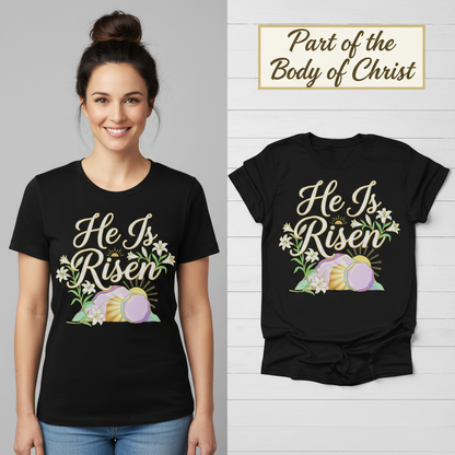 He Is Risen T-Shirt_model_flat