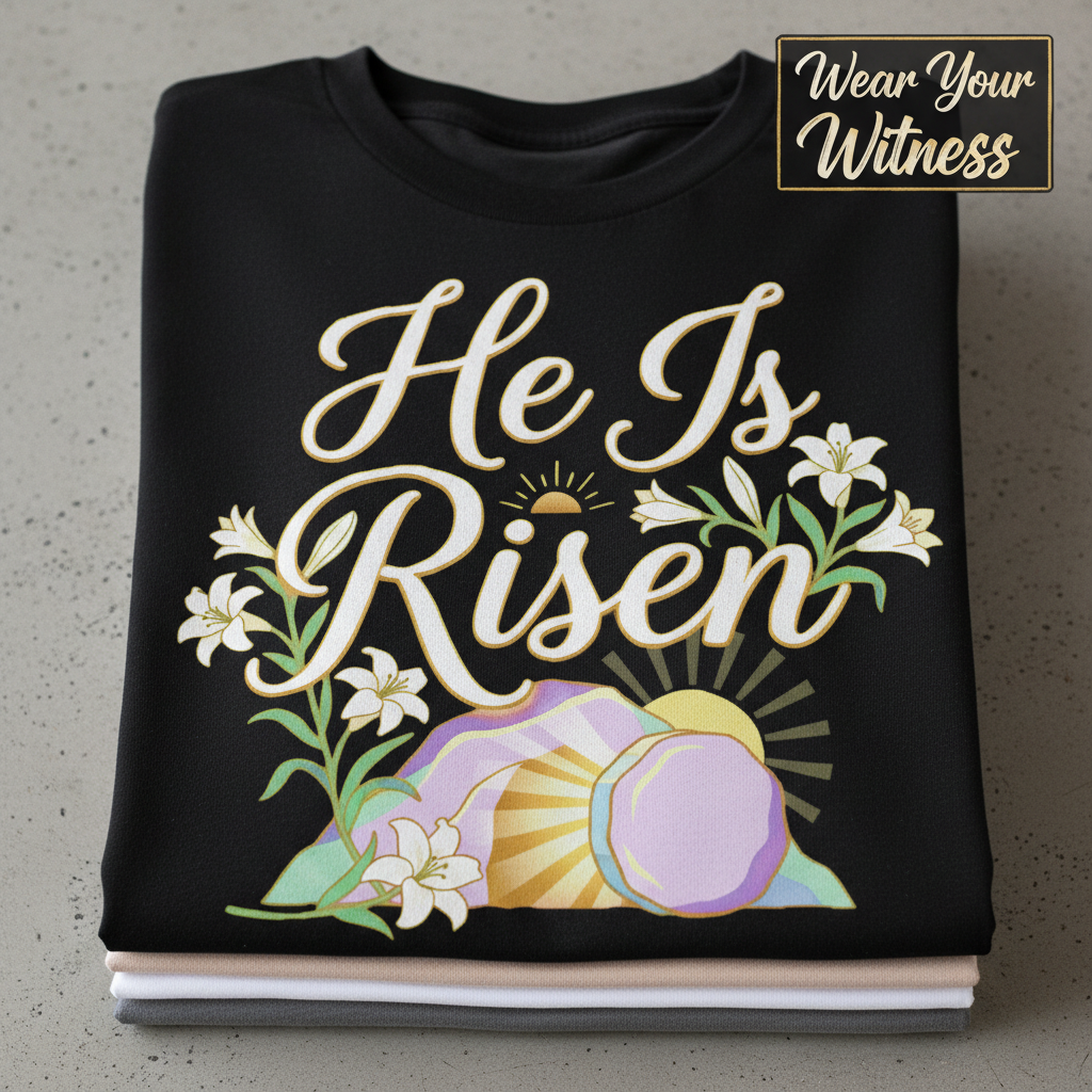 He Is Risen T-Shirt_stacked_flatlay