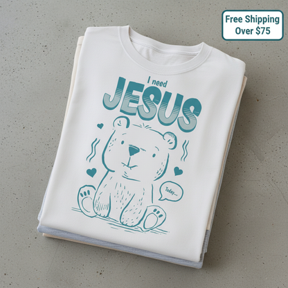 I Need Jesus Bear T-Shirt_stacked_flatlay