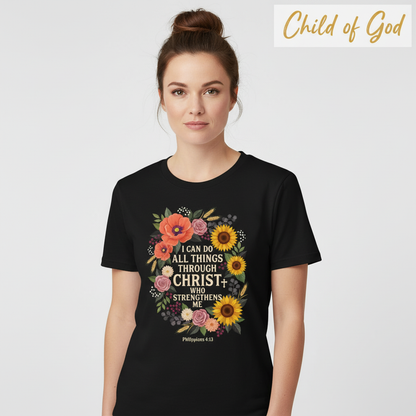 Strength in Christ Floral Wreath T-Shirt__hero