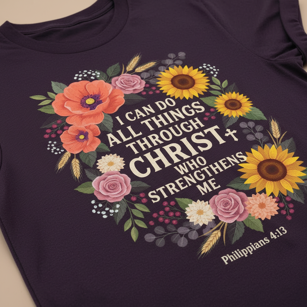 Strength in Christ Floral Wreath T-Shirt__detail