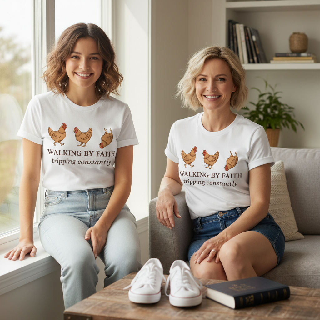 Walking By Faith Chicken T-Shirt_dual_model_life