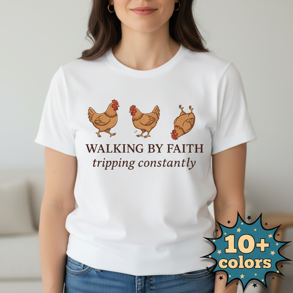 Walking By Faith Chicken T-Shirt_badge