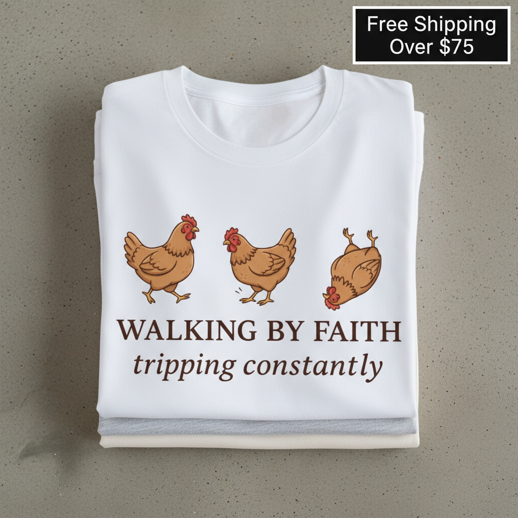 Walking By Faith Chicken T-Shirt_stacked_flatlay