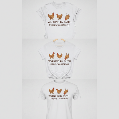 Walking By Faith Chicken T-Shirt_triple_model