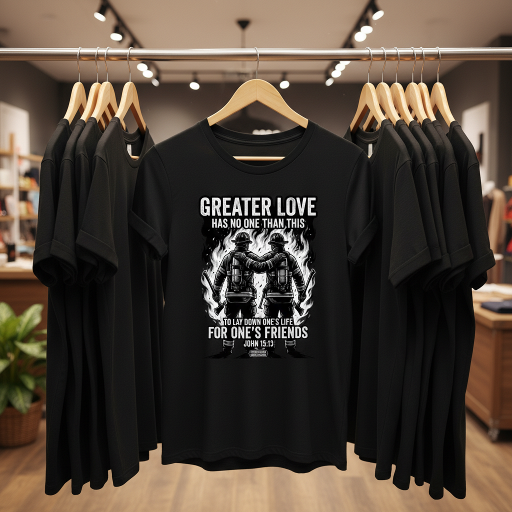 Greater Love Firefighter T-Shirt_boutique_rack