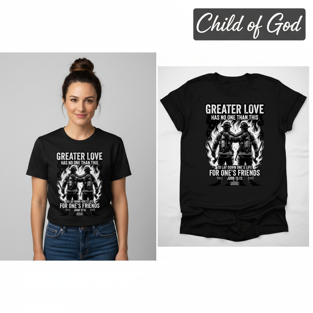Greater Love Firefighter T-Shirt_model_flat