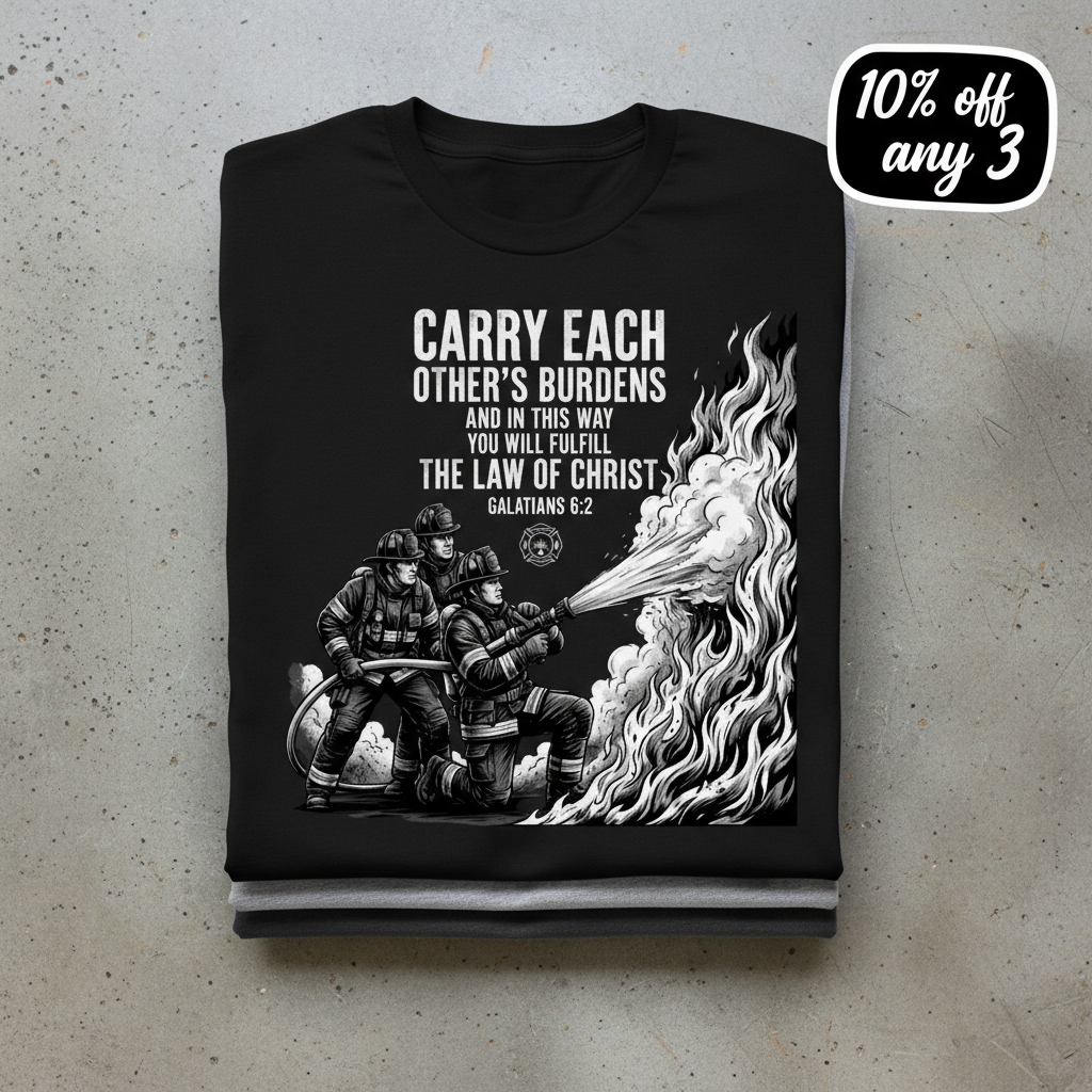 Law of Christ Firefighter T-Shirt_stacked_flatlay