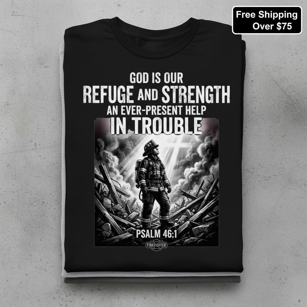 Firefighter Psalm 46:1 T-Shirt_stacked_flatlay