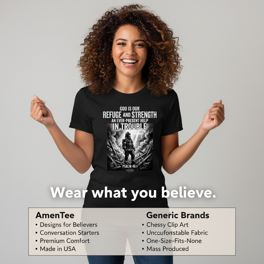 Firefighter Psalm 46:1 T-Shirt_product_table