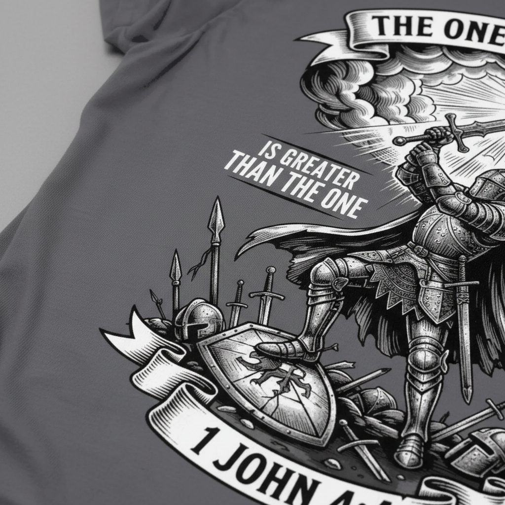 Greater Is He Warrior Scripture T-Shirt__detail