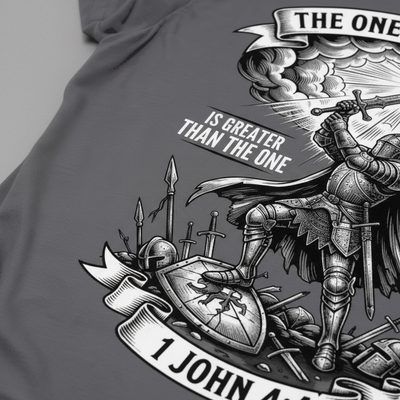 Greater Is He Warrior Scripture T-Shirt__detail