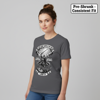 Greater Is He Warrior Scripture T-Shirt__benefit